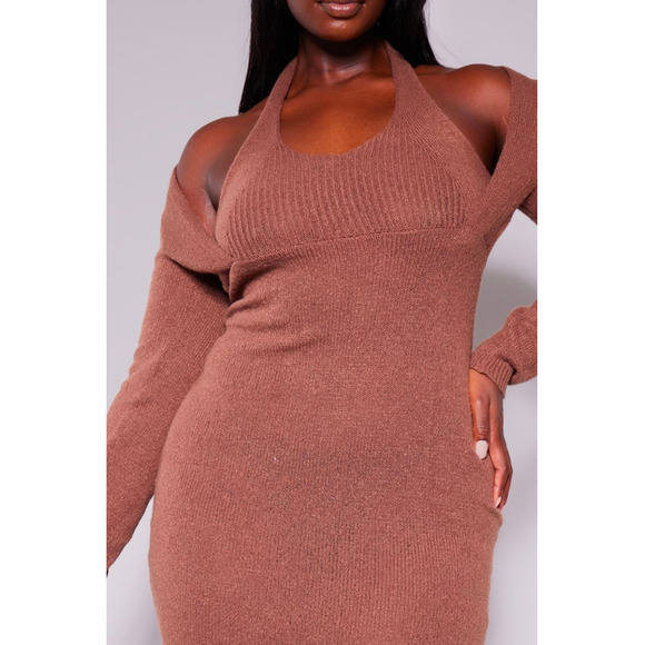 Prettylittlething Plus Chocolate HalteNeck Knitted Midi NWT Size XXL - Picture 4 of 7